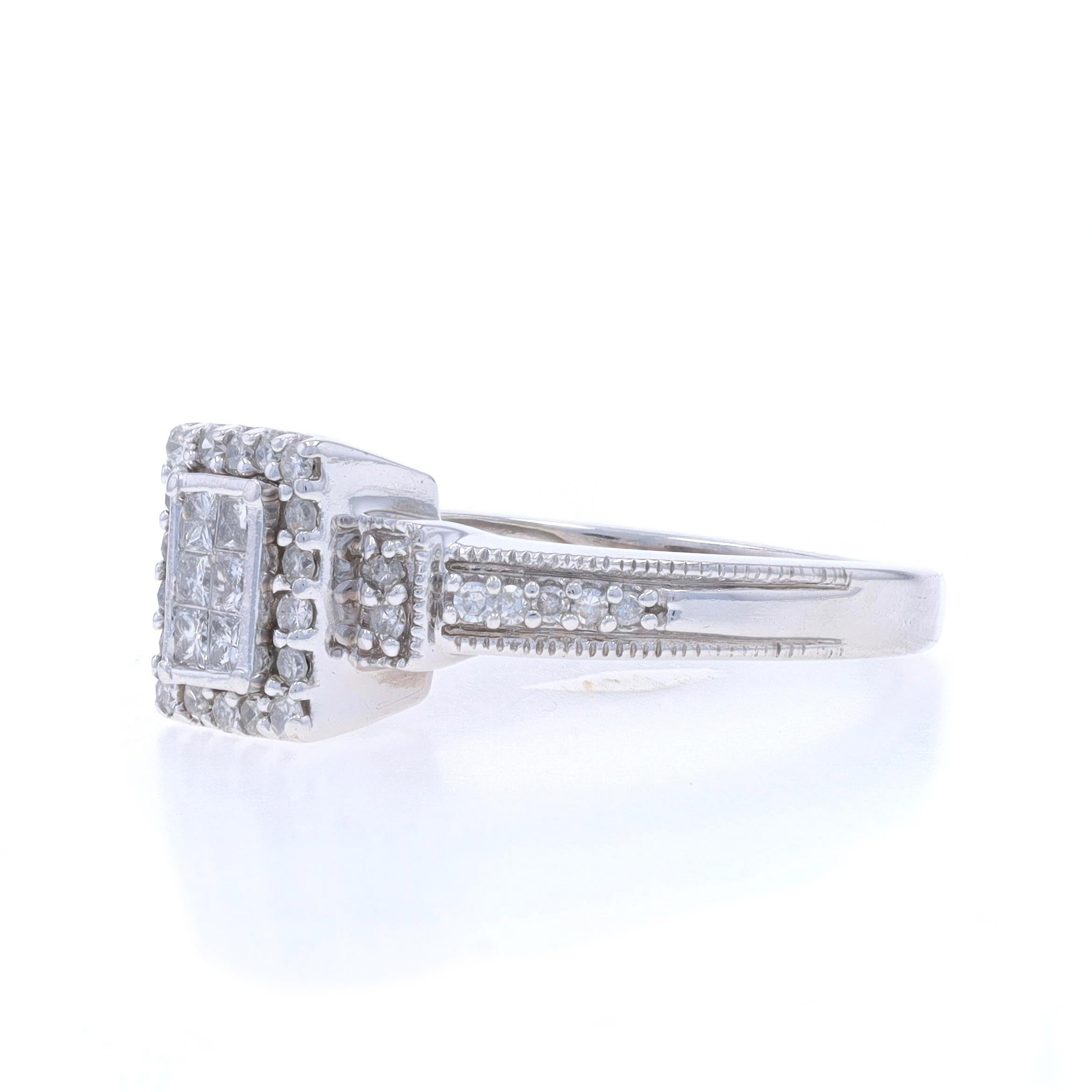 White Gold Diamond Cluster Halo Engagement Ring - 10k Princess & Single .21ctw In Excellent Condition For Sale In Greensboro, NC