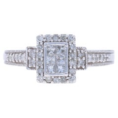 White Gold Diamond Cluster Halo Engagement Ring - 10k Princess & Single .21ctw