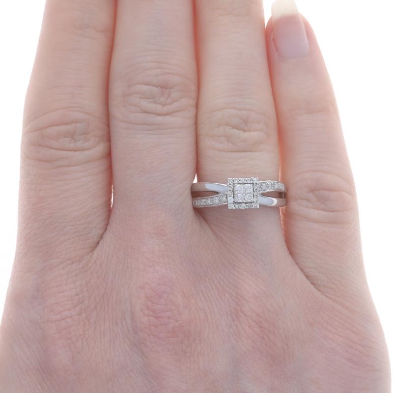 Round Cut White Gold Diamond Cluster Halo Engagement Ring - 10k Round .25ctw For Sale