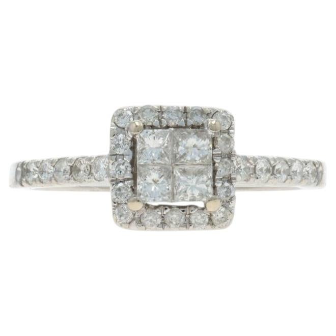 White Gold Diamond Cluster Halo Engagement Ring - 14k Princess & Round .50ctw