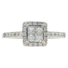 White Gold Diamond Cluster Halo Engagement Ring - 14k Princess & Round .50ctw