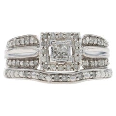 White Gold Diamond Cluster Halo Engagement Ring Wedding Band 10k Princess .25ctw