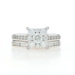 White Gold Diamond Cluster Halo Engagement Ring & Wedding Band 14k Round 1.13ctw