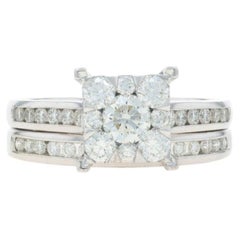 White Gold Diamond Cluster Halo Engagement Ring & Wedding Band 14k Round 1.13ctw