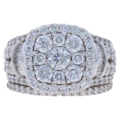 White Gold Diamond Cluster Halo Engagement Ring & Wedding Bands - 14k 4.50ctw