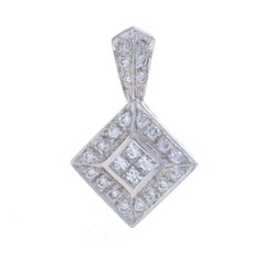 White Gold Diamond Cluster Halo Pendant - 18k Princess & Round .50ctw Knife-Edge