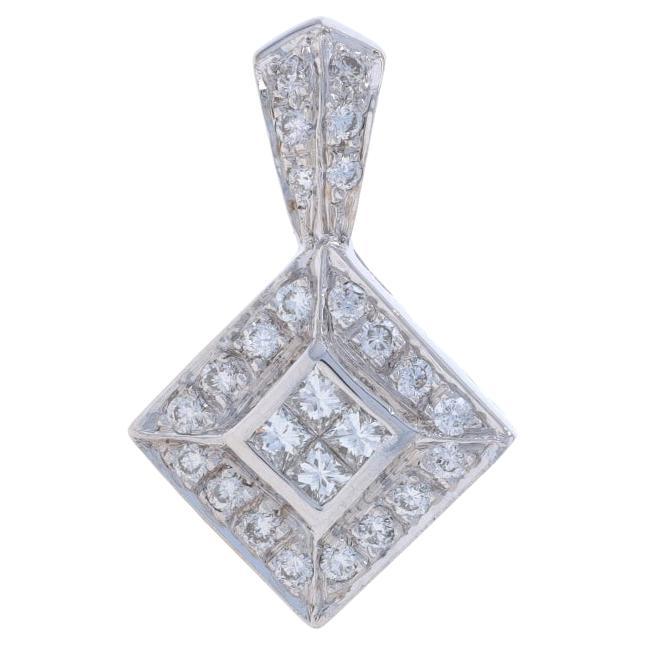 White Gold Diamond Cluster Halo Pendant - 18k Princess & Round .50ctw Knife-Edge