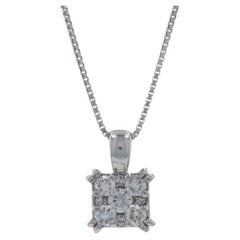 Retro White Gold Diamond Cluster Halo Pendant Necklace, 14k Round Brilliant .63ctw