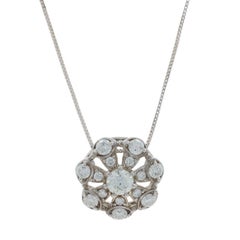 White Gold Diamond Cluster Halo Pendant Necklace -18k Rd .90ctw Floral Snowflake