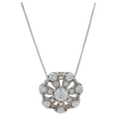 White Gold Diamond Cluster Halo Pendant Necklace -18k Rd .90ctw Floral Snowflake