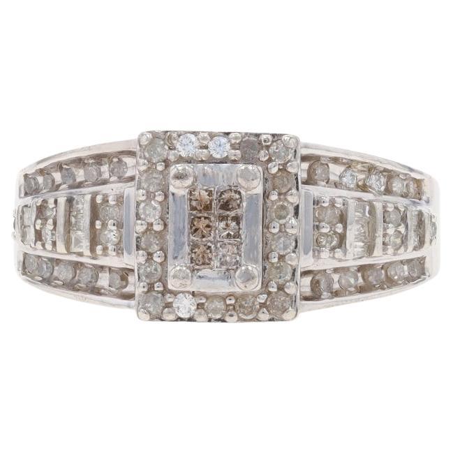 White Gold Diamond Cluster Halo Ring - 10k Princess & Single .50ctw Engagement