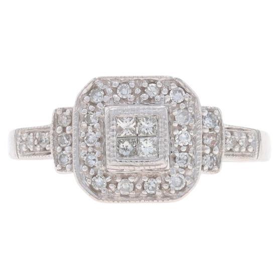 White Gold Diamond Cluster Halo Ring 10k Princess & Single Cut .30ctw Engagement