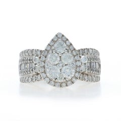 White Gold Diamond Cluster Halo Ring - 10k Round Brilliant & Baguette 2.00ctw