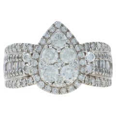 White Gold Diamond Cluster Halo Ring - 10k Round Brilliant & Baguette 2.00ctw