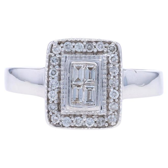 Weißgold Diamant-Cluster-Halo-Ring aus Weißgold - 14k Baguette & Rund .44ctw Milgrain