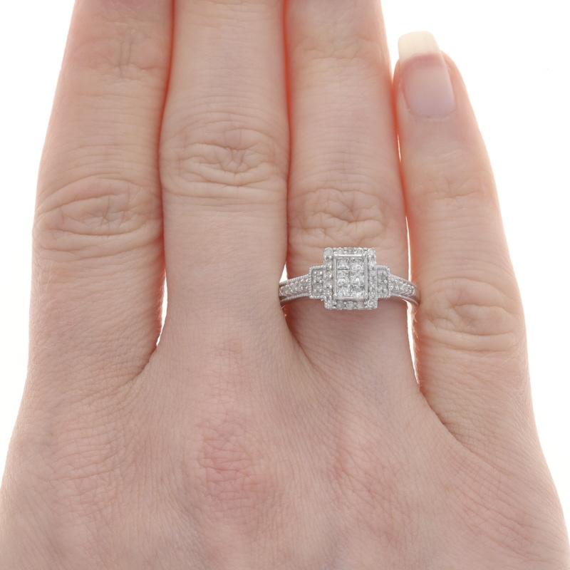 Princess Cut White Gold Diamond Cluster Halo Ring - 14k Princess .50ctw Milgrain Engagement For Sale