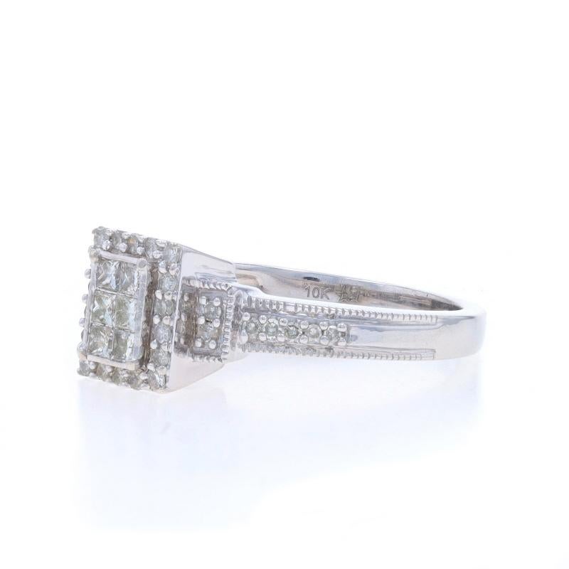 White Gold Diamond Cluster Halo Ring - 14k Princess .50ctw Milgrain Engagement In Excellent Condition For Sale In Greensboro, NC