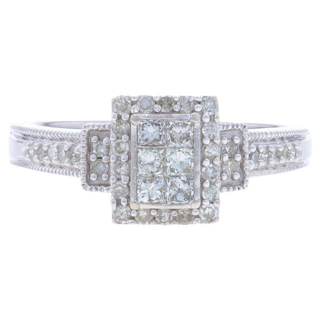 White Gold Diamond Cluster Halo Ring - 14k Princess .50ctw Milgrain Engagement