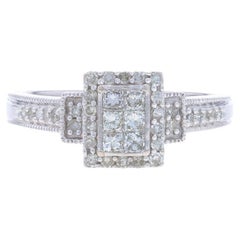 White Gold Diamond Cluster Halo Ring - 14k Princess .50ctw Milgrain Engagement