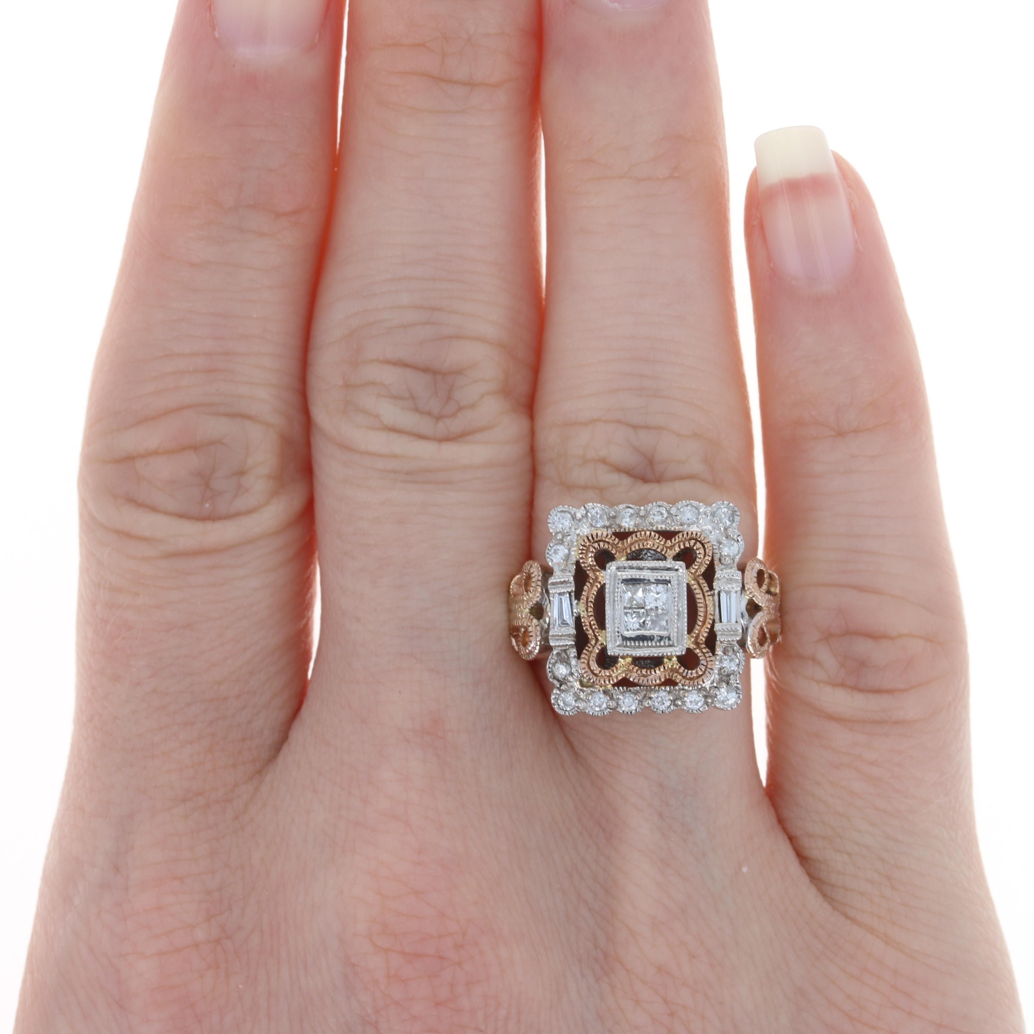 Size: 5
Sizing Fee: Up 2 sizes for $50

Metal Content: 14k White Gold & 14k Rose Gold

Stone Information: 
Natural Diamonds  
Total Carats: .50ctw
Cuts: Princess, Baguette, & Round Brilliant 
Color: G - H     
Clarity: SI2 - I1
 
Style: Cluster