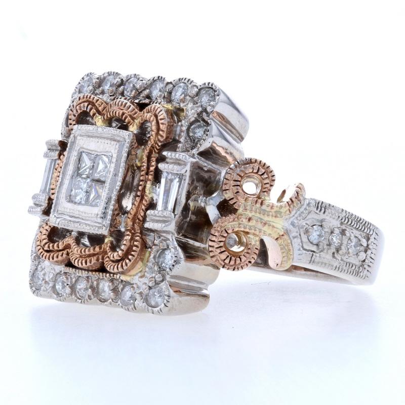 Princess Cut White Gold Diamond Cluster Halo Ring, 14k Princess, Baguette, & Round .50 Carat
