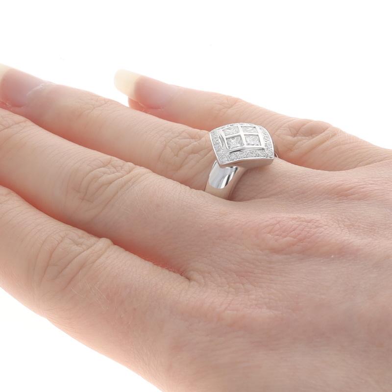 White Gold Diamond Cluster Halo Ring -18k Princess & Rnd .83ctw Lattice Cocktail In New Condition For Sale In Greensboro, NC