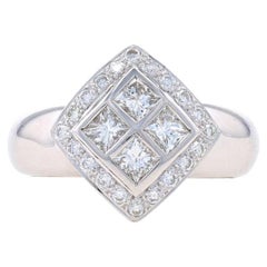 White Gold Diamond Cluster Halo Ring -18k Princess & Rnd .83ctw Lattice Cocktail