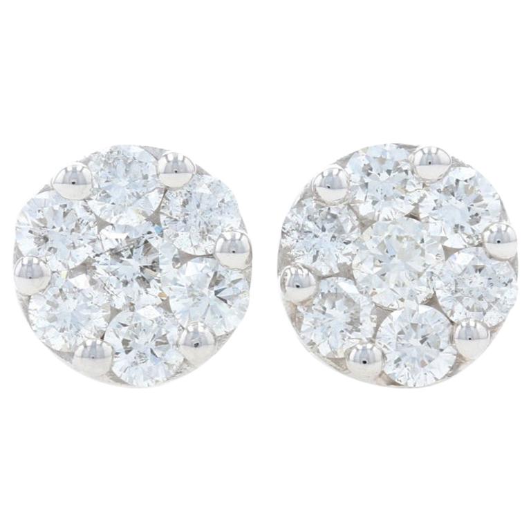 White Gold Diamond Cluster Halo Stud Earrings, 14K Round Cut 1.05 Carat Pierced