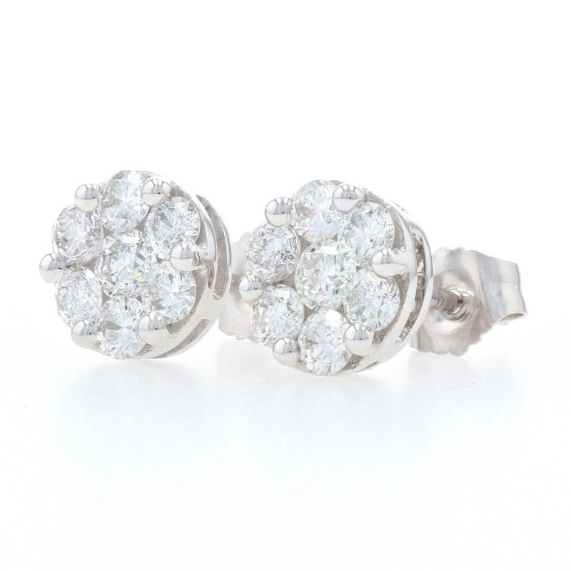 White Gold Diamond Cluster Halo Stud Earrings, 14K Round Cut 1.05 Carat Pierced In New Condition In Greensboro, NC