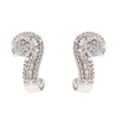White Gold Diamond Cluster J-Hook Earrings 10k Rd & Baguette .50ctw Floral Swirl