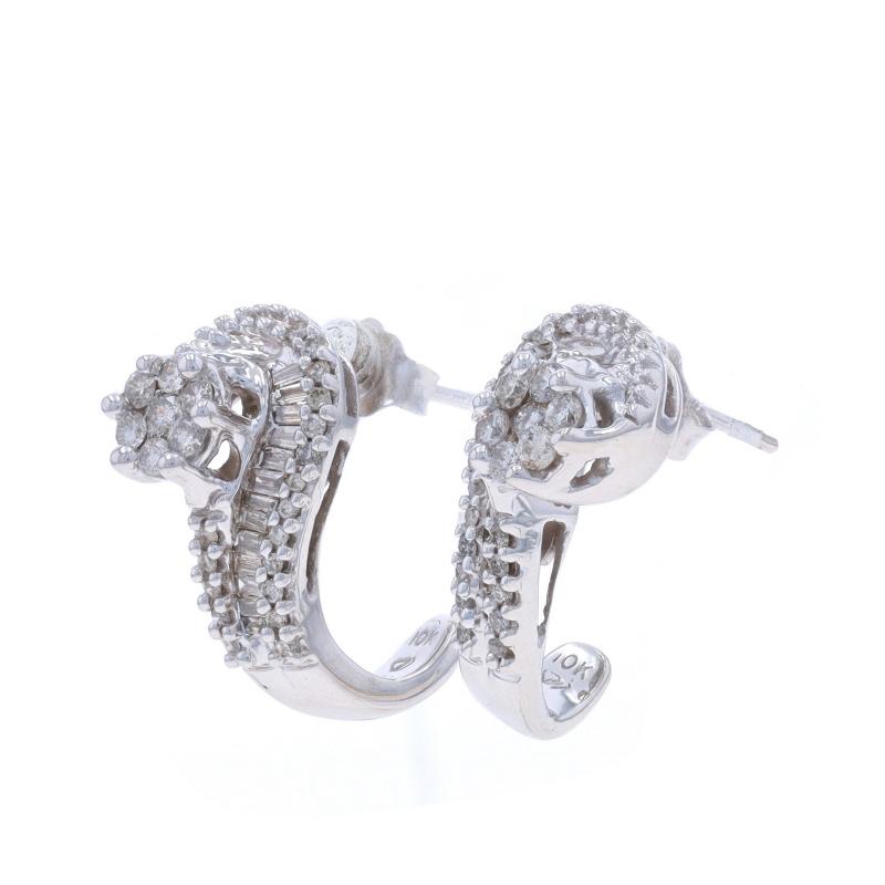 Baguette Cut White Gold Diamond Cluster J-Hook Earrings 10k Rd & Baguette .50ctw Floral Swirl For Sale