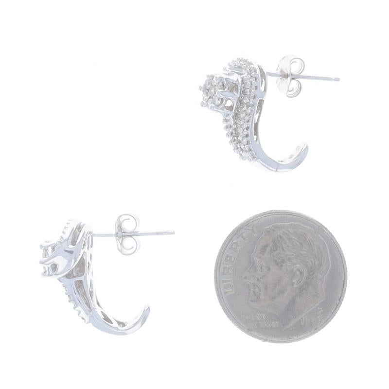 White Gold Diamond Cluster J-Hook Earrings 10k Rd & Baguette .50ctw Floral Swirl In Excellent Condition For Sale In Greensboro, NC