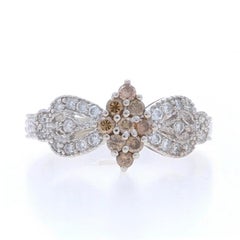 White Gold Diamond Cluster Ring - 14k Rnd .30ctw Bow Etched Milgrain Fancy Brown