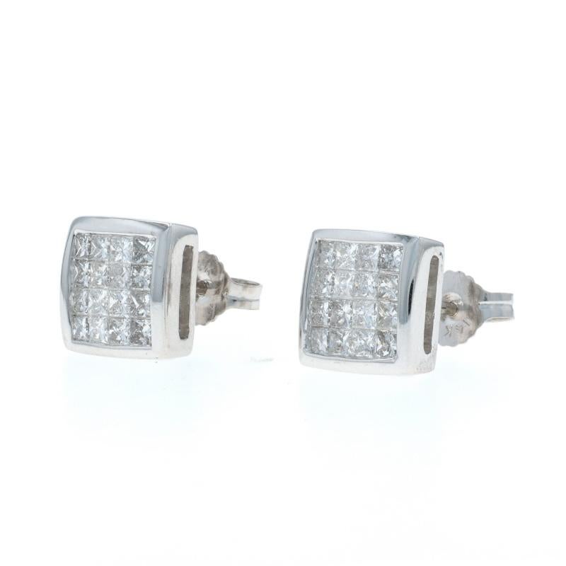 Taglio princess White Gold Diamond Cluster Stud Cluster Earrings - 14k Princess 1.50ctw in vendita