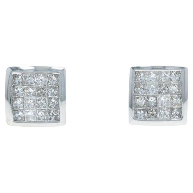 White Gold Diamond Cluster Stud Cluster Earrings - 14k Princess 1.50ctw