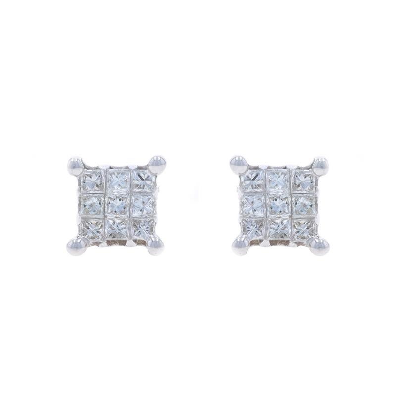 Metal Content: 10k White Gold

Stone Information

Natural Diamonds
Carat(s): .25ctw
Cut: Princess
Color: G - H
Clarity: SI2 - I1

Total Carats: .25ctw

Style: Cluster Stud
Fastening Type: Butterfly Closures

Measurements

Tall: 7/32