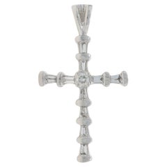White Gold Diamond Cross Pendant - 14k Baguette & Round Brilliant .25ctw Faith