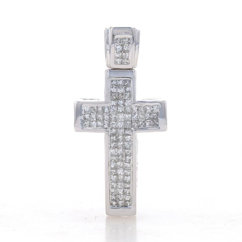 Metal Content: 14k White Gold

Stone Information
Natural Diamonds
Carat(s): 1.78ctw
Cut: Princess
Color: G - H
Clarity: SI2 - I1

Total Carats: 1.78ctw

Style: Cluster
Theme: Cross, Faith

Measurements
Tall (from extended bail): 1 11/32