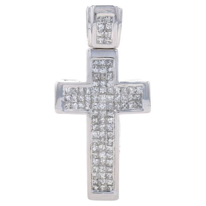 Pendentif croix en or blanc avec diamant - 14k Princesse 1.78ctw Unisex Faith Bling en vente