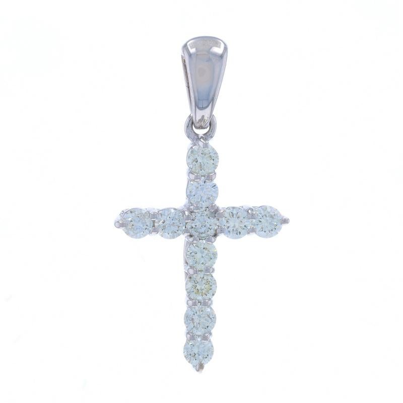 Metal Content: 14k White Gold

Stone Information

Natural Diamonds
Carat(s): .75ctw
Cut: Round Brilliant
Color: H - I
Clarity: VS2 - SI1

Total Carats: .75ctw

Theme: Cross, Faith

Measurements

Tall (from stationary bail): 7/8