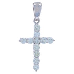 White Gold Diamond Cross Pendant - 14k Round Brilliant .75ctw Faith