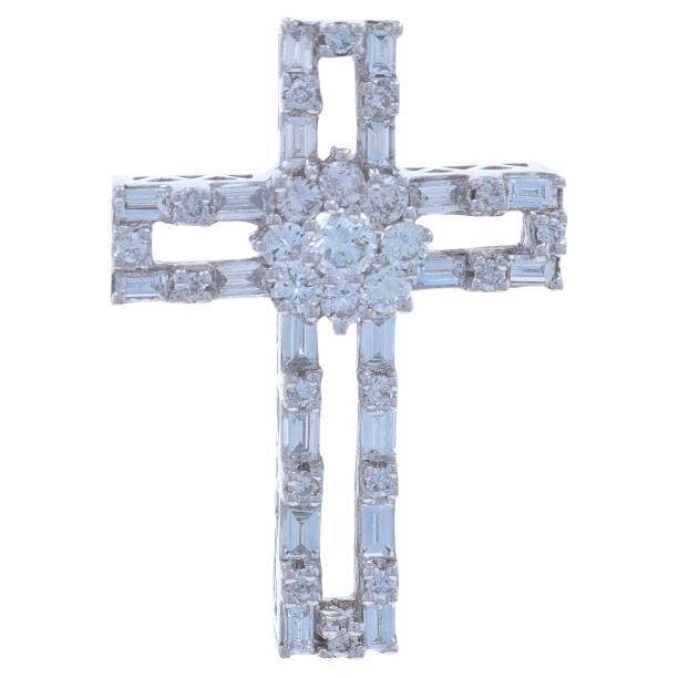 White Gold Diamond Cross Pendant - 14k Round Brilliant & Baguette 1.29ctw Faith