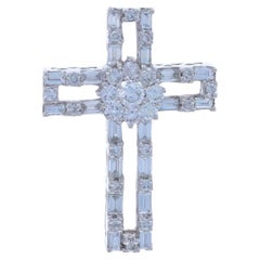 White Gold Diamond Cross Pendant - 14k Round Brilliant & Baguette 1.29ctw Faith