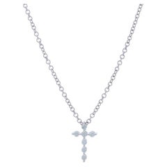 White Gold Diamond Cross Pendant Necklace - 14k Round .10ctw Faith Adjustable