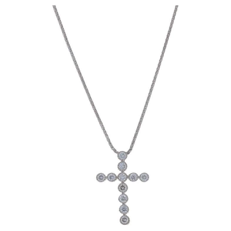 White Gold Diamond Cross Pendant Necklace 20" - 14k Round .50ctw Faith Milgrain For Sale