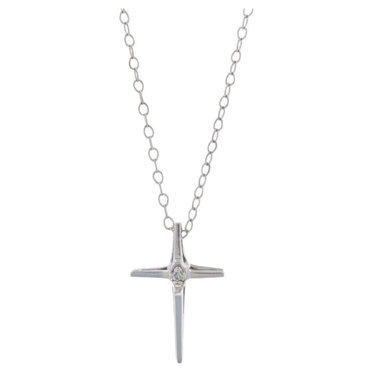 White Gold Diamond Cross Solitaire Necklace 16 1/4" - 14k Single Cut Faith en venta