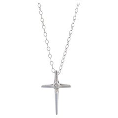 White Gold Diamond Cross Solitaire Necklace 16 1/4" - 14k Single Cut Faith
