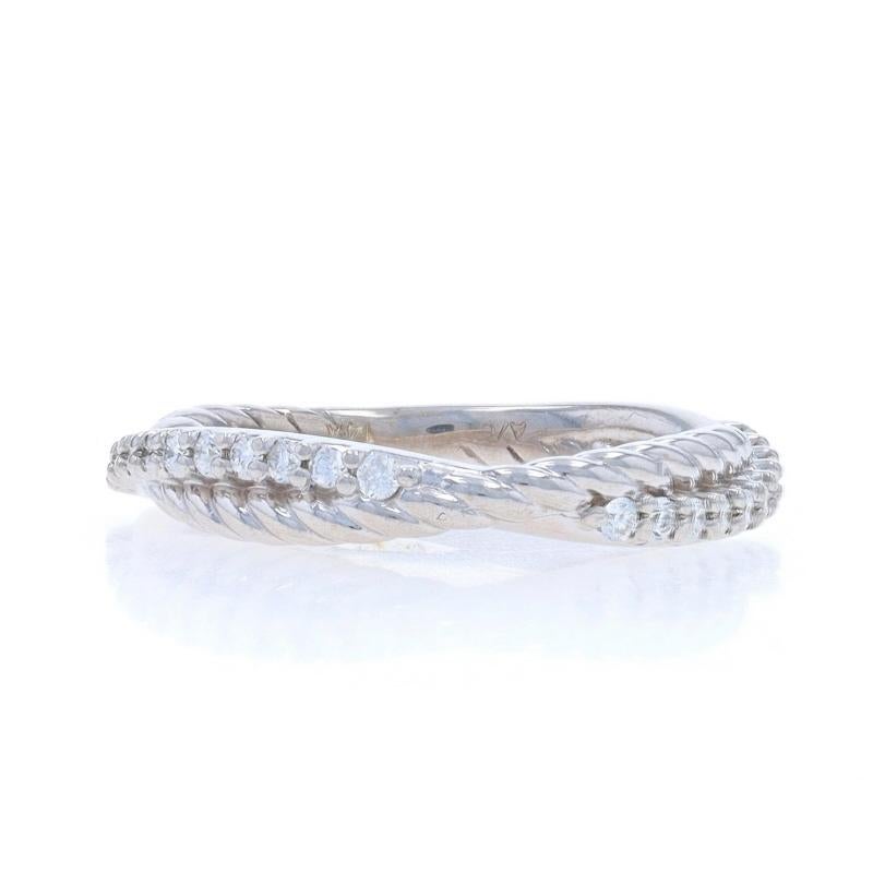 Size: 5 1/4
Sizing Fee: Up 1 1/2 sizes for $40 or Down 1/2 a size for $30

Metal Content: 14k White Gold

Stone Information

Natural Diamonds
Carat(s): .20ctw
Cut: Round Brilliant
Color: G
Clarity: SI1 - SI2

Total Carats: 0.2ctw

Style: Crossover