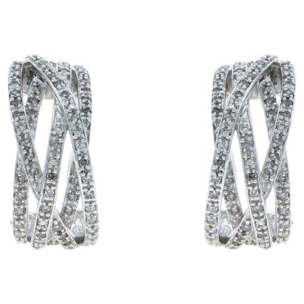 Orecchini J-Hoop in oro bianco con diamanti incrociati 14k Singolo 1.00ctw Forced in vendita