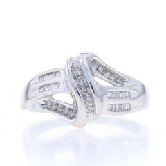 White Gold Diamond Crossover Ring - 10k Single Cut & Baguette .25ctw Ribbon
